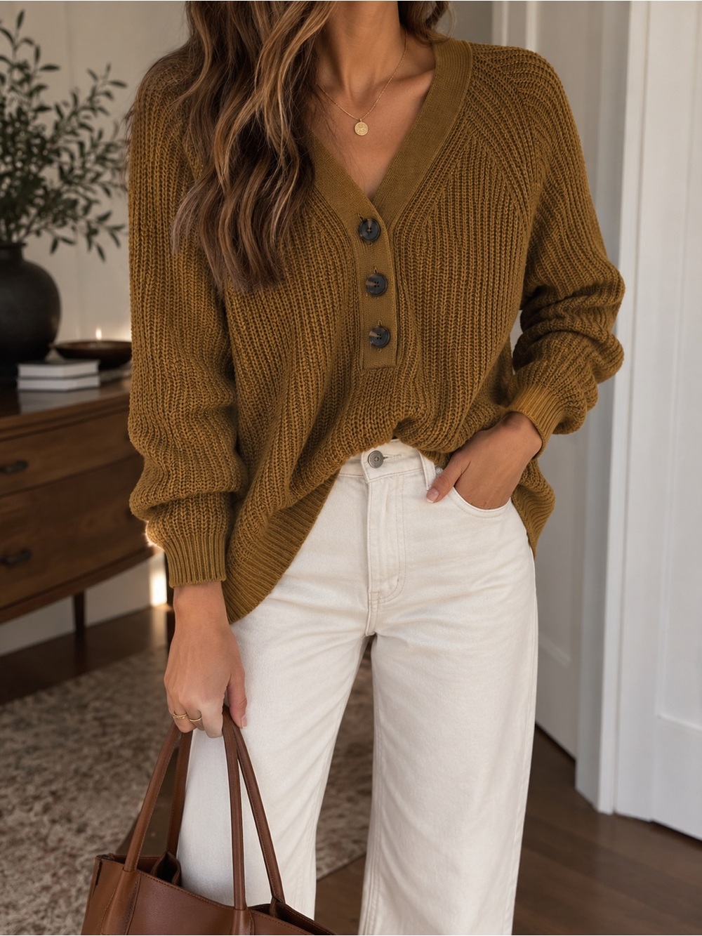Cozy V-Neck Button Front Sweater in Olive Brown